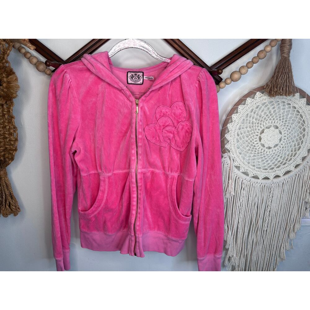 Vintage Y2K Juicy Couture Pink Velour Velvet Heart Pocket Hoodie